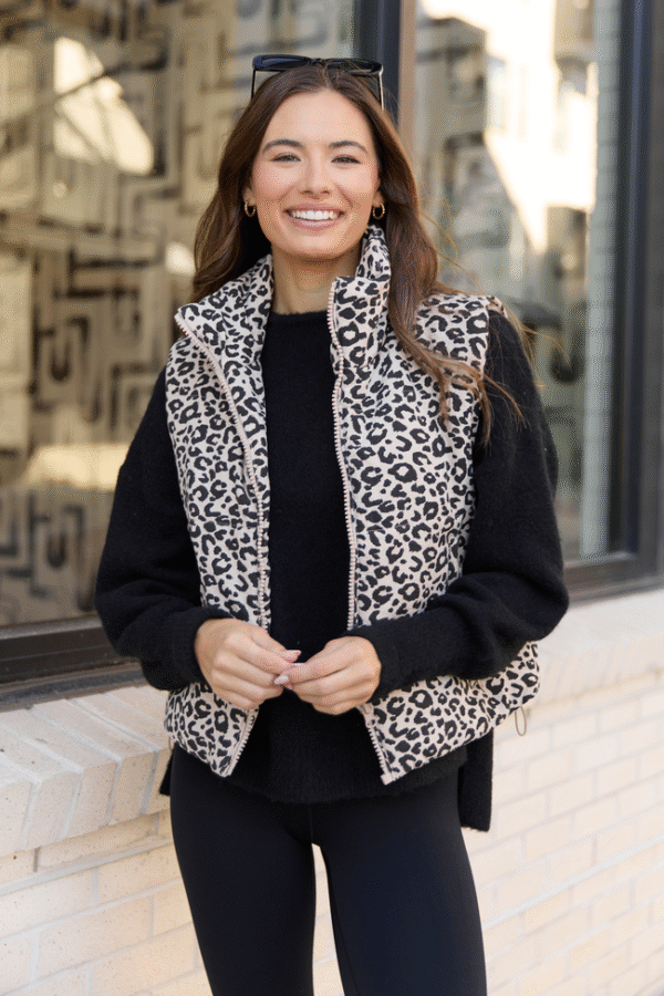 Everett Khaki Multi Leopard Puffer Vest SALE