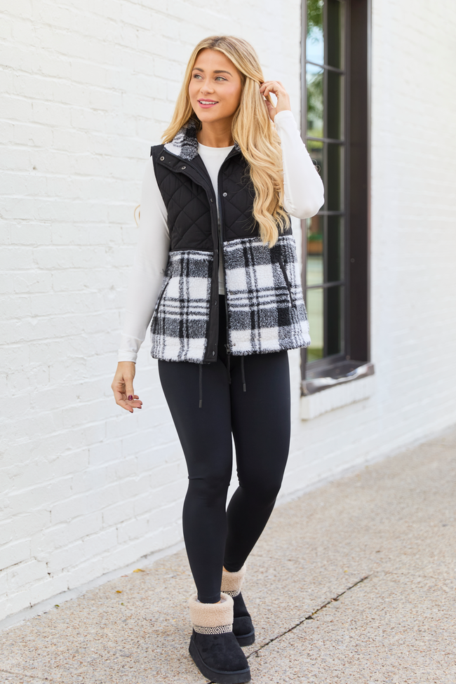 Tasha Black and White Plaid Sherpa Quilted Vest SALE - Image 2