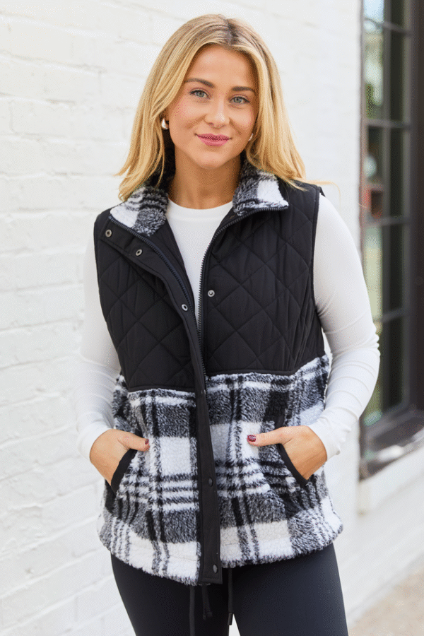 Tasha Black and White Plaid Sherpa Quilted Vest SALE