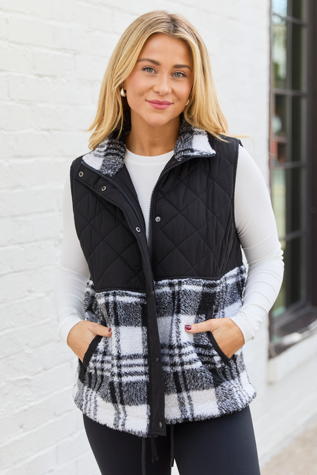 Tasha Black and White Plaid Sherpa Quilted Vest SALE - Image 1
