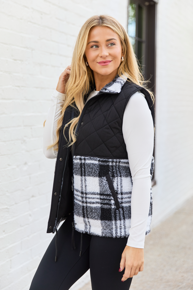Tasha Black and White Plaid Sherpa Quilted Vest SALE - Image 3