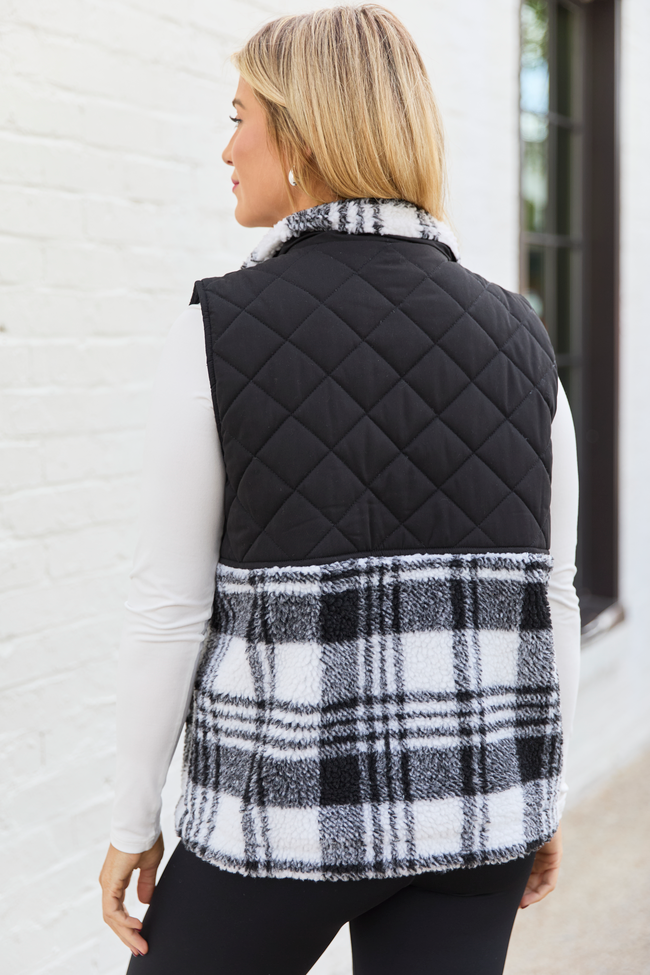 Tasha Black and White Plaid Sherpa Quilted Vest SALE - Image 4