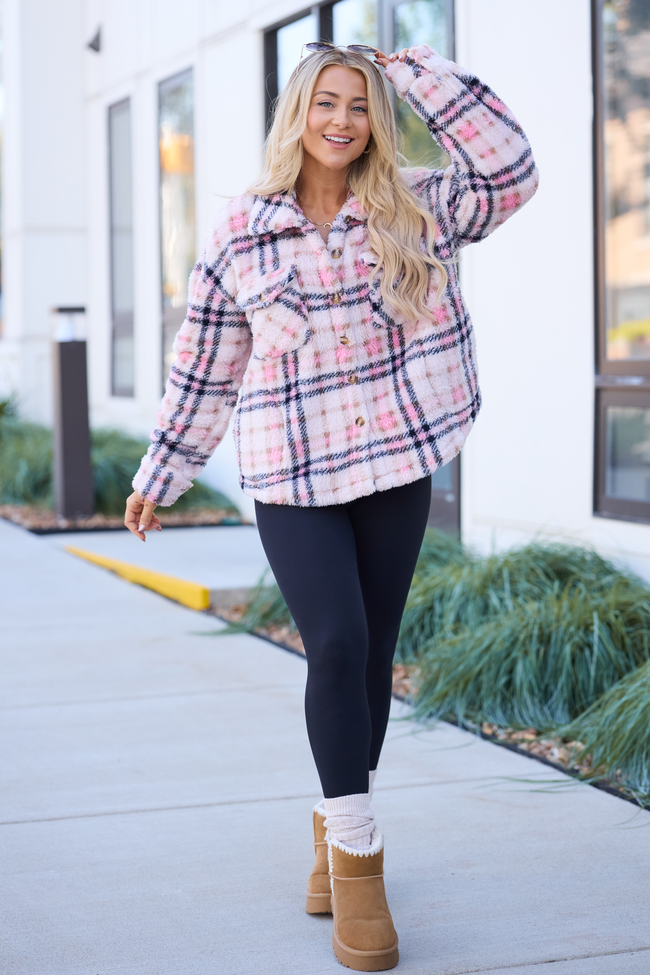 Didi Pink Plaid Sherpa Button Up Shacket SALE - Image 2