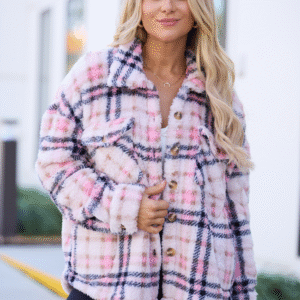 Didi Pink Plaid Sherpa Button Up Shacket SALE - Image 3