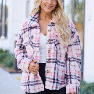 Didi Pink Plaid Sherpa Button Up Shacket SALE