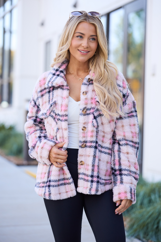 Didi Pink Plaid Sherpa Button Up Shacket SALE - Image 1