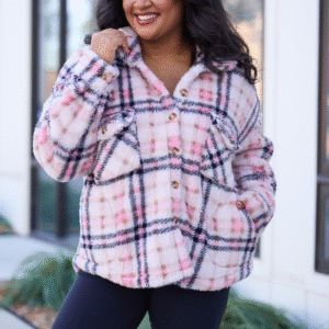 Didi Pink Plaid Sherpa Button Up Shacket SALE - Image 4