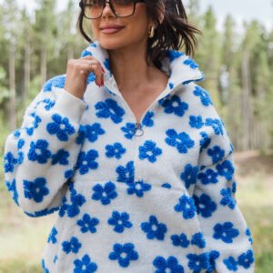 Playing For Keeps Blue and Ivory Floral Print Sherpa Pullover FINAL SALE