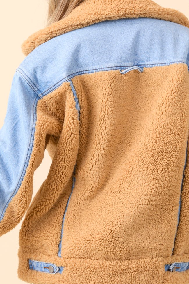 Picking Sides Medium Wash Sherpa Detail Oversized Denim Jacket SALE - Image 7