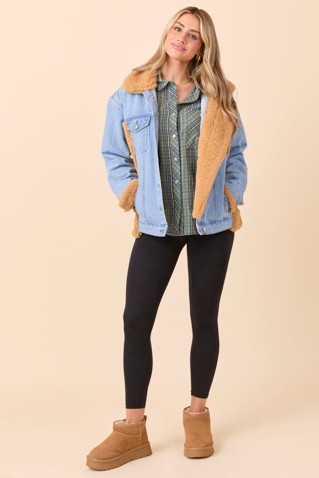 Picking Sides Medium Wash Sherpa Detail Oversized Denim Jacket SALE - Image 4