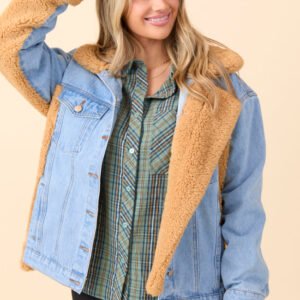Picking Sides Medium Wash Sherpa Detail Oversized Denim Jacket SALE - Image 3