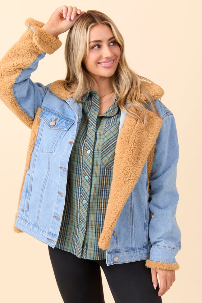 Picking Sides Medium Wash Sherpa Detail Oversized Denim Jacket SALE - Image 3