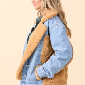 Picking Sides Medium Wash Sherpa Detail Oversized Denim Jacket SALE - Image 5