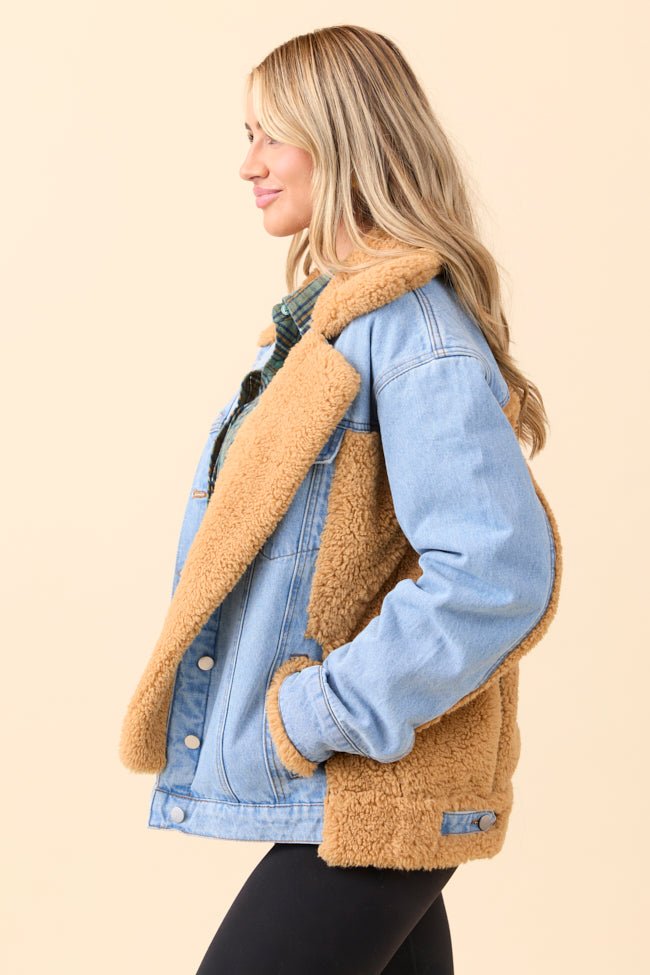 Picking Sides Medium Wash Sherpa Detail Oversized Denim Jacket SALE - Image 5
