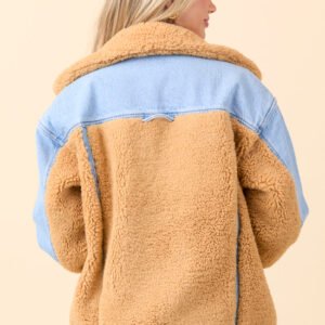 Picking Sides Medium Wash Sherpa Detail Oversized Denim Jacket SALE - Image 6