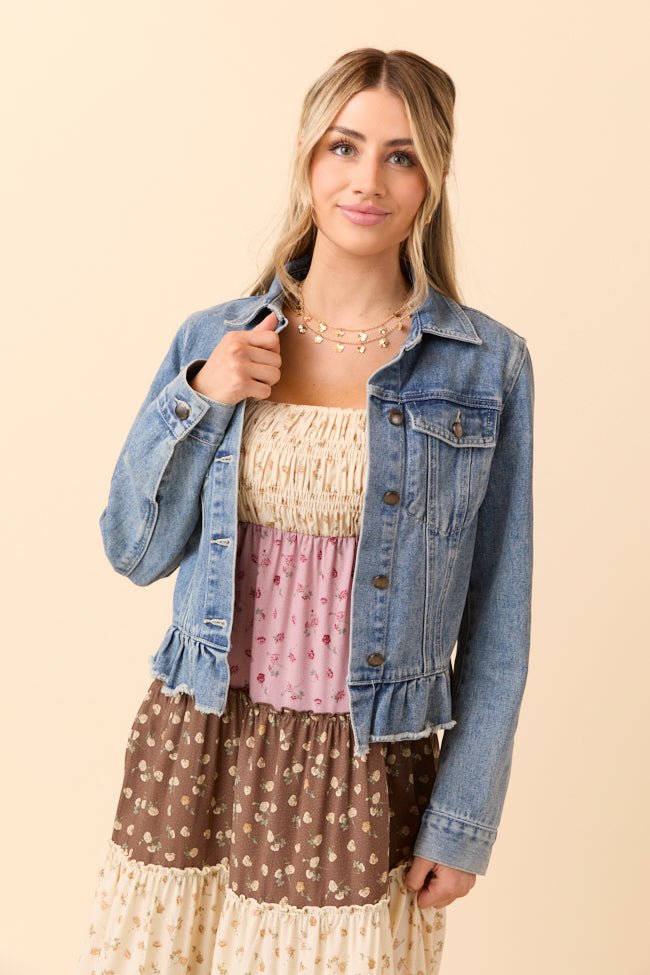 Denim Dreams Light Wash Peplum Detail Denim Jacket SALE - Image 3