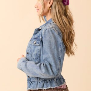 Denim Dreams Light Wash Peplum Detail Denim Jacket SALE - Image 4