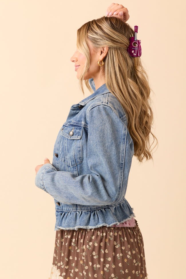 Denim Dreams Light Wash Peplum Detail Denim Jacket SALE - Image 4
