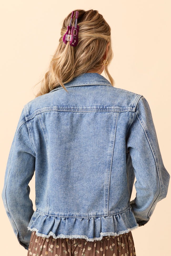 Denim Dreams Light Wash Peplum Detail Denim Jacket SALE - Image 5