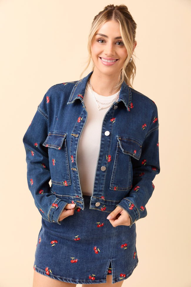 My Favorite Cherry Embroidered Stretch Denim Jacket FINAL SALE - Image 4