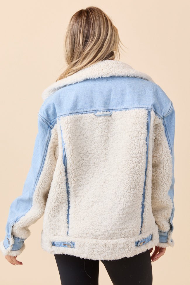 Picking Sides Light Wash Sherpa Detail Oversized Denim Jacket SALE - Image 6