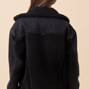 Picking Sides Black Wash Sherpa Detail Oversized Denim Jacket SALE - Image 6