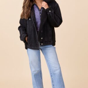 Picking Sides Black Wash Sherpa Detail Oversized Denim Jacket SALE - Image 4