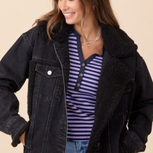 Picking Sides Black Wash Sherpa Detail Oversized Denim Jacket SALE - Image 3