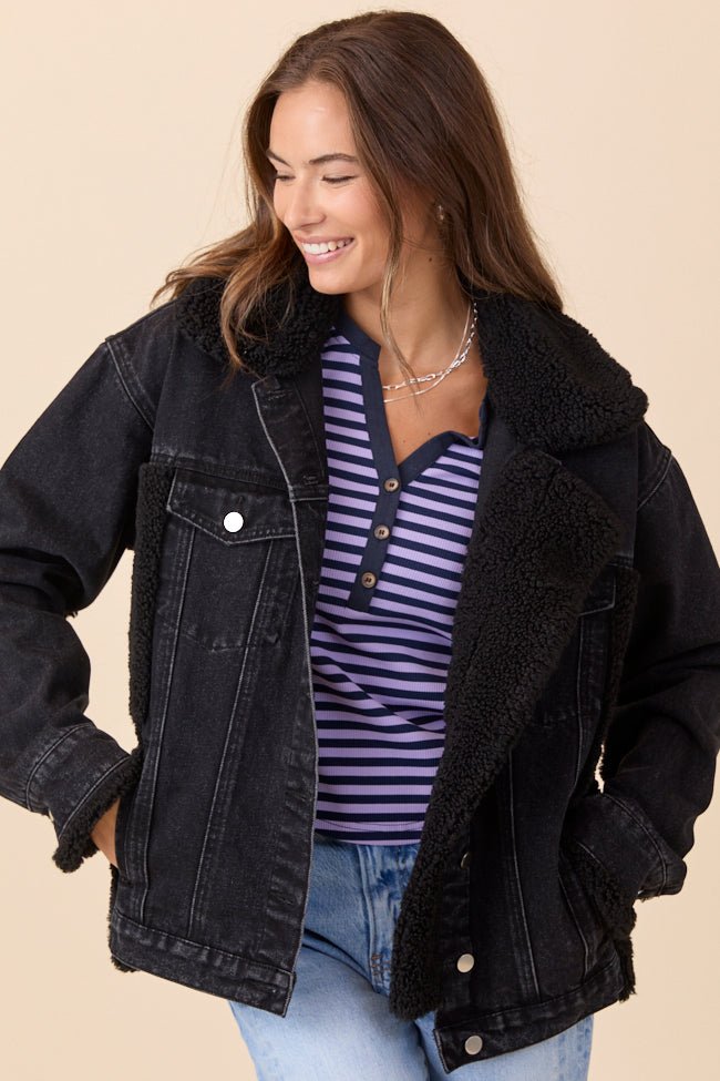 Picking Sides Black Wash Sherpa Detail Oversized Denim Jacket SALE - Image 3