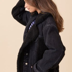 Picking Sides Black Wash Sherpa Detail Oversized Denim Jacket SALE - Image 5