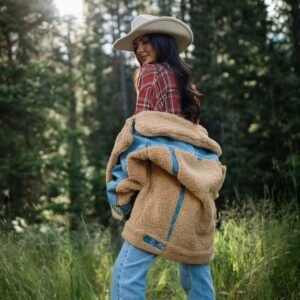 Picking Sides Medium Wash Sherpa Detail Oversized Denim Jacket SALE - Image 8