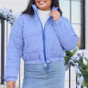 Paloma Navy Blue Gingham Zip Up Puffer Jacket SALE - Image 3