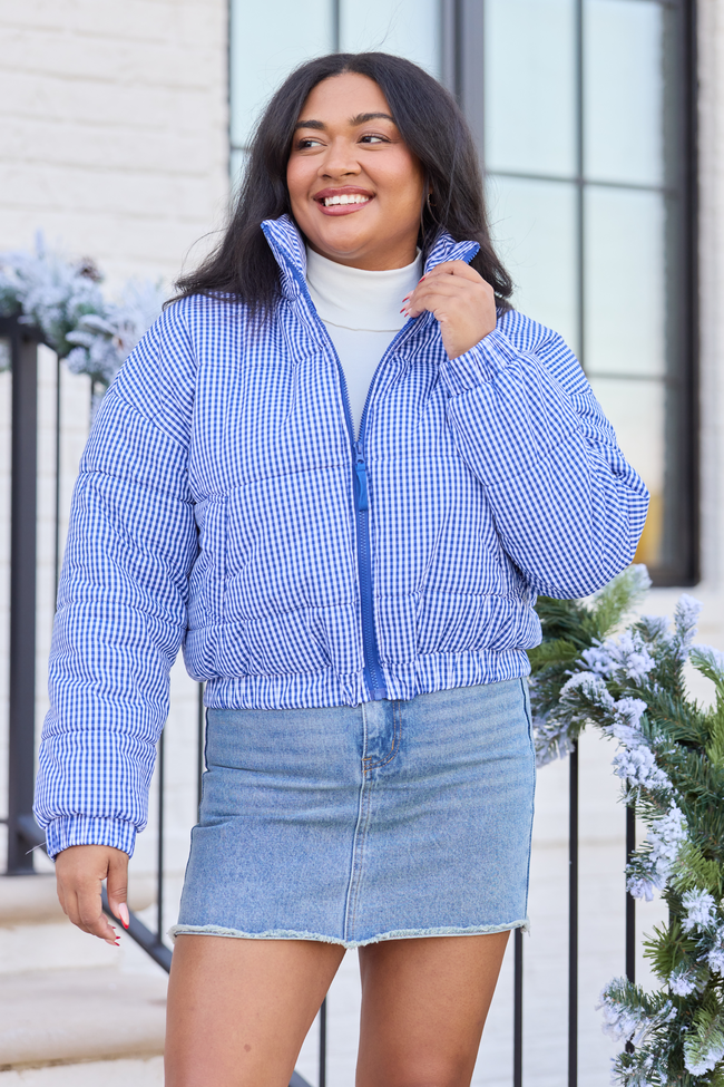 Paloma Navy Blue Gingham Zip Up Puffer Jacket SALE - Image 3