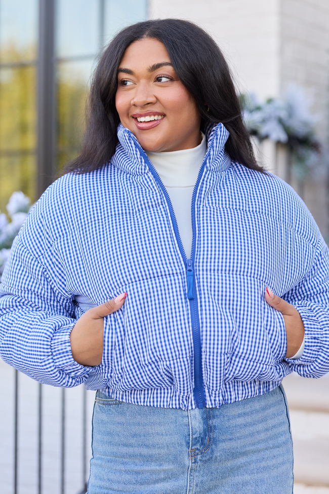 Paloma Navy Blue Gingham Zip Up Puffer Jacket SALE - Image 1