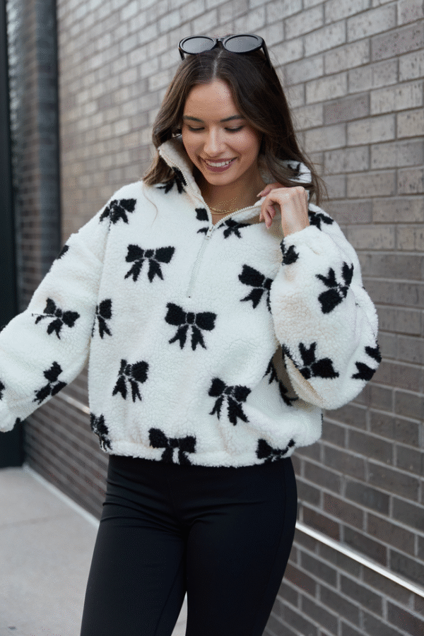 Esme White & Black Bow Sherpa Zip Up Jacket SALE