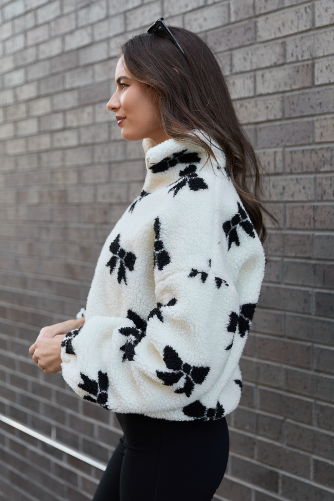 Esme White & Black Bow Sherpa Zip Up Jacket SALE - Image 3