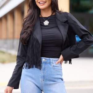 Christina Black Faux Suede Fringe Jacket SALE - Image 1
