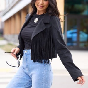 Christina Black Faux Suede Fringe Jacket SALE - Image 4