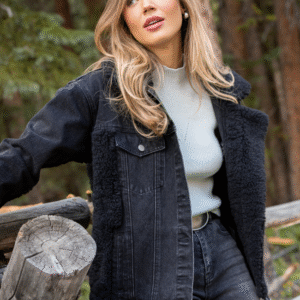 Picking Sides Black Wash Sherpa Detail Oversized Denim Jacket SALE - Image 1