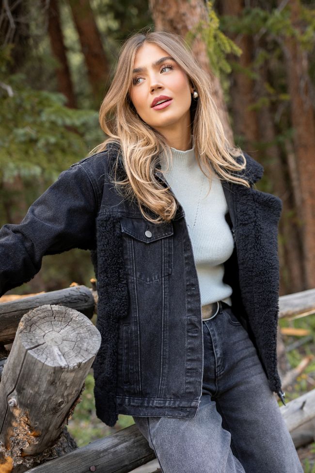 Picking Sides Black Wash Sherpa Detail Oversized Denim Jacket SALE - Image 1