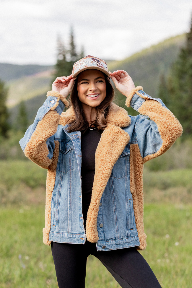 Picking Sides Medium Wash Sherpa Detail Oversized Denim Jacket SALE - Image 1