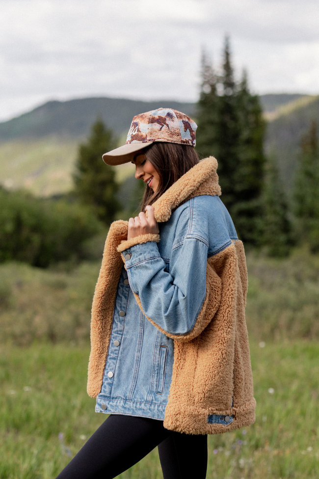 Picking Sides Medium Wash Sherpa Detail Oversized Denim Jacket SALE - Image 2